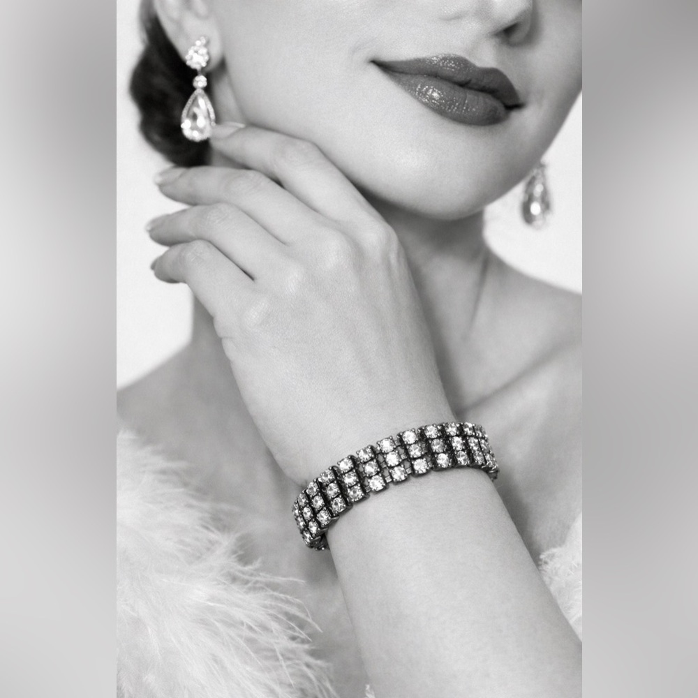 50s Hollywood glamour Silver Bracelet regency style rhinestone old money